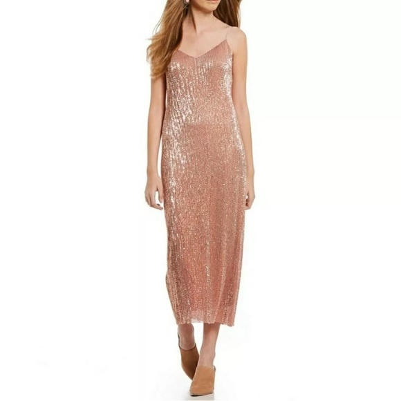 1. STATE Dramatic Pause Lustre Pink Nude Sequin Midi Adjustable Strap Slip Dress - Picture 1 of 10